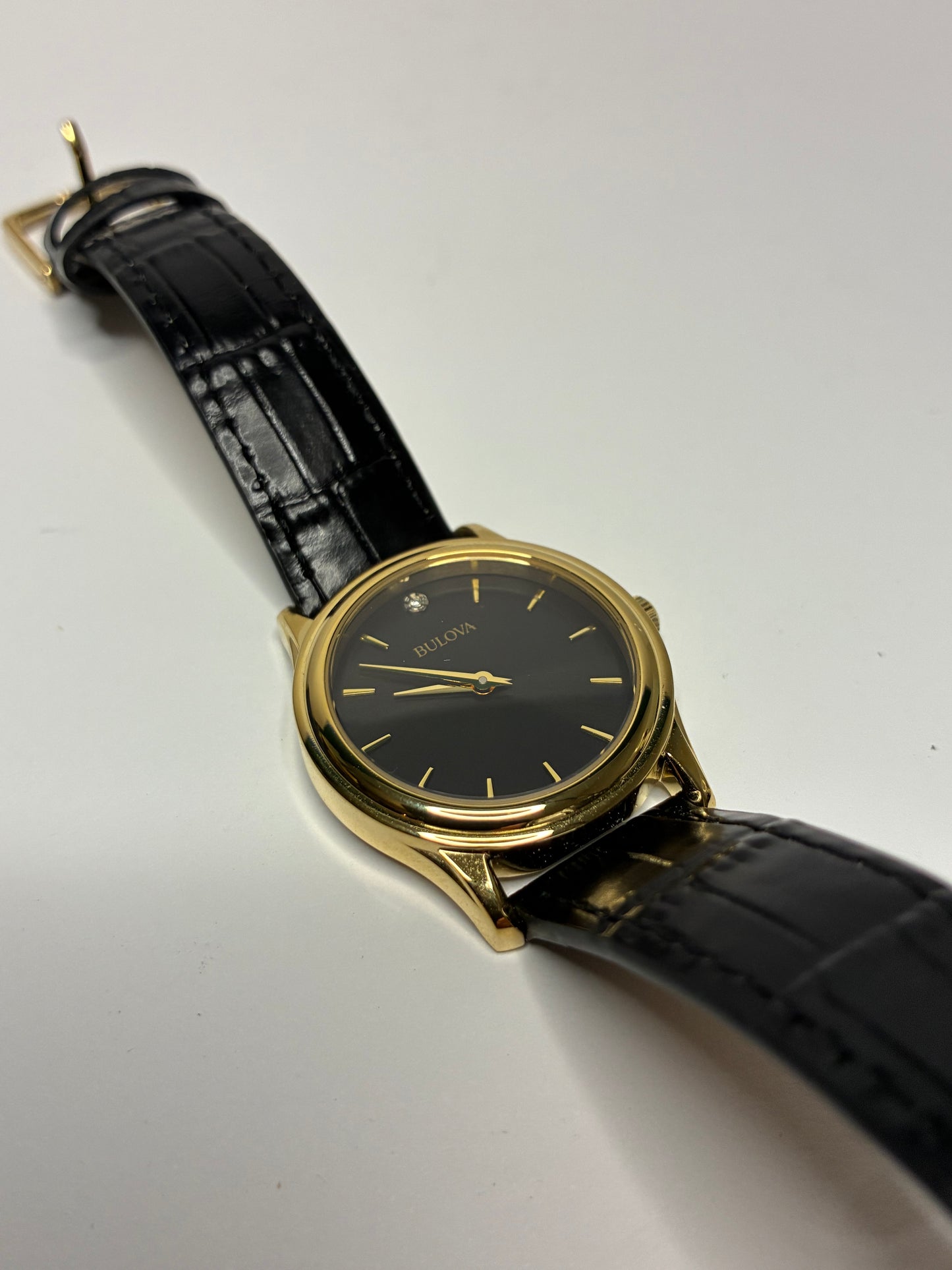 Bulova Diamond Accent Corporate Collection Women's Watch New in Original Box Gold-Tone Sunray Dial Black Leather Straps