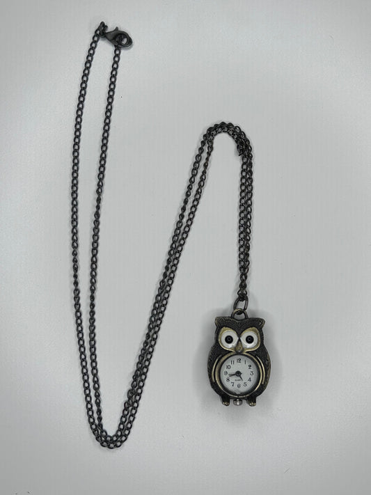 Owl Mini Clock Watch Pendant Stainless Steel Chain Necklace