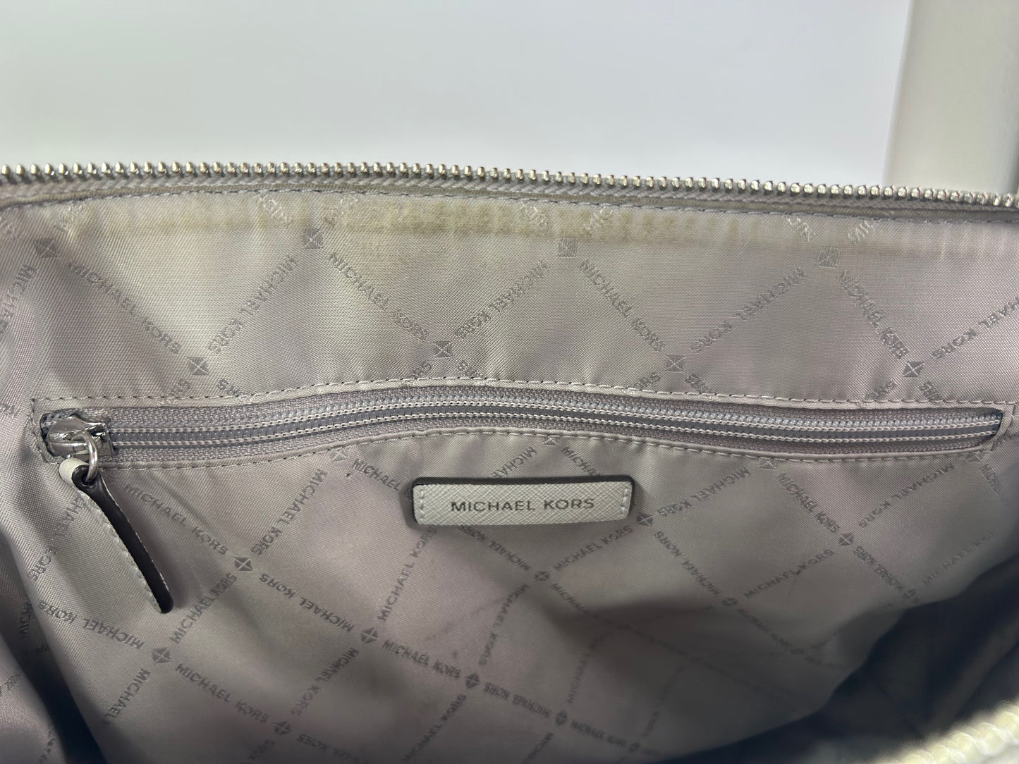 Michael Kors Ciara Large Light Stone Leather Top Zip Satchel Crossbody Purse Bag