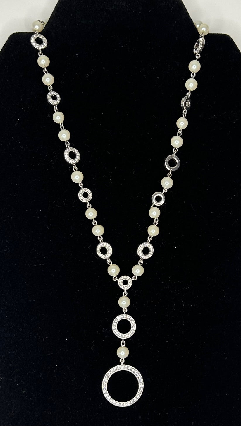 Carolee Faux Pearl Silver Tone Clear Rhinestone Circle Stations Chain Necklace 17.5"