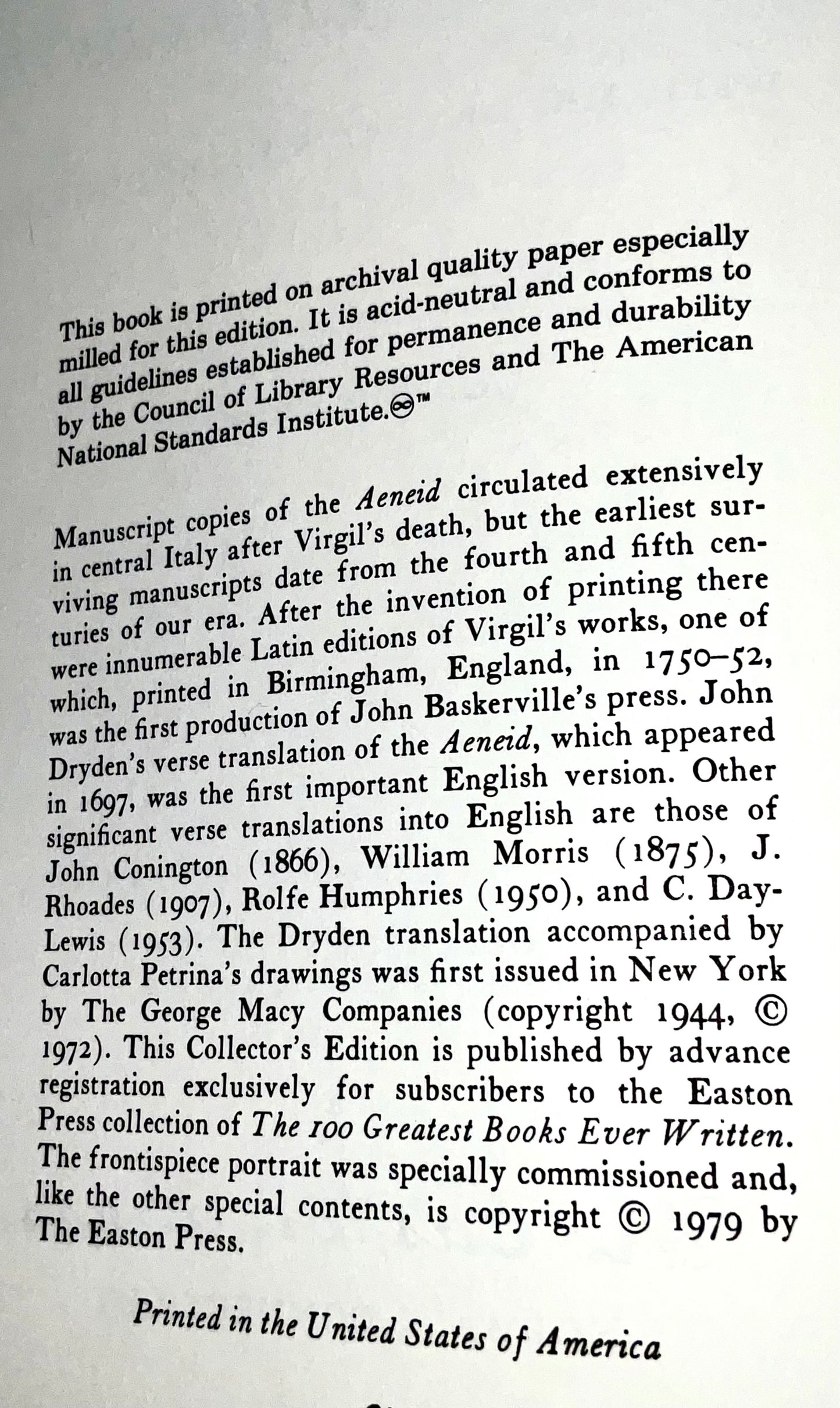 The Aeneid by Publius Vergilius Virgil Maro Vintage 1979 Easton Press 100 Greatest Books Ever Written Leather Bound Collector's Edition