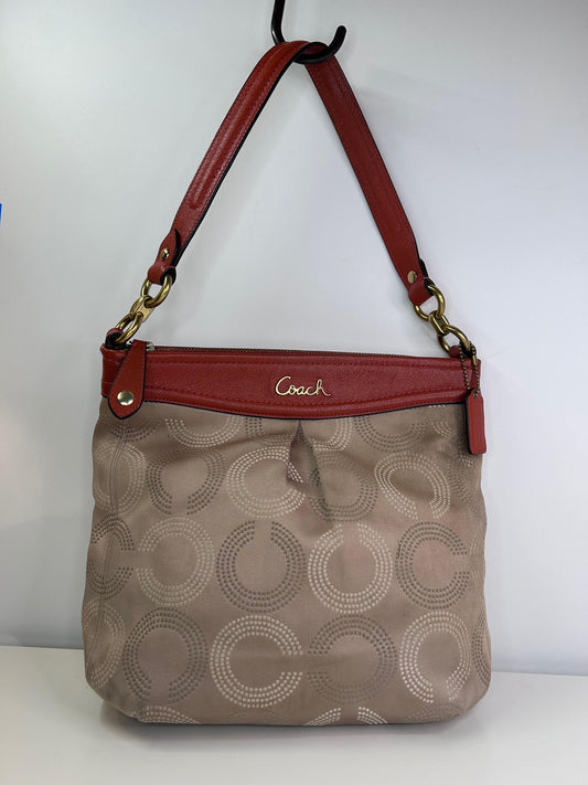 Coach Ashley Op Art Dotted Shoulder Bag Tan with Orange/Salmon Leather Accent