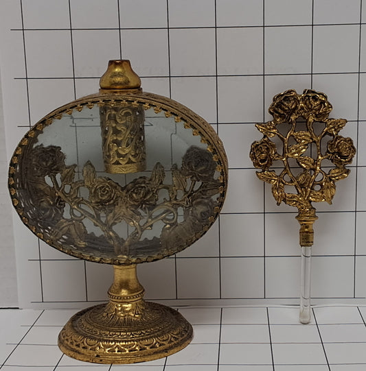 Ormolu Filigree Vintage Antique Gold Tone Perfume Bottle Oval Beveled Glass Floral Roses Motif