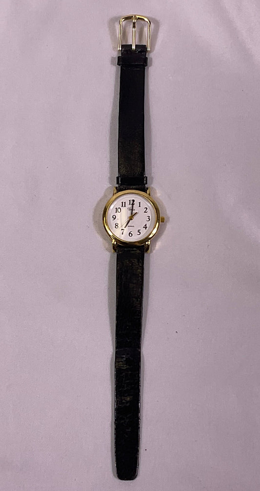 Timex Quartz Men's Watch Goldtone Black Leather Band Analogue Battery Operated