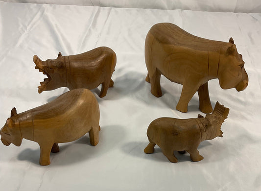 Genuine Besmo Wood Carvings Set of Four Hand-Carved Wooden Hippos Made in Kenya