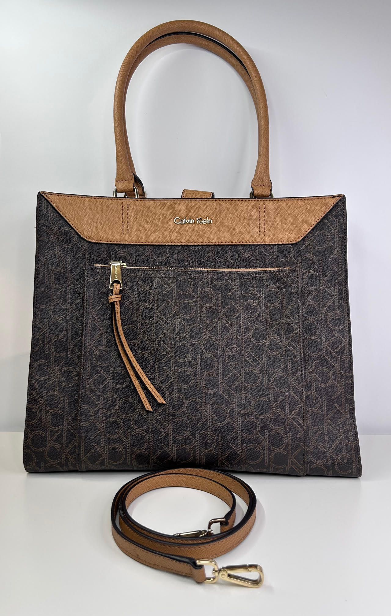 Calvin Klein CK Monogram Brown Tote Bag with Shoulder Strap Excellent Condition