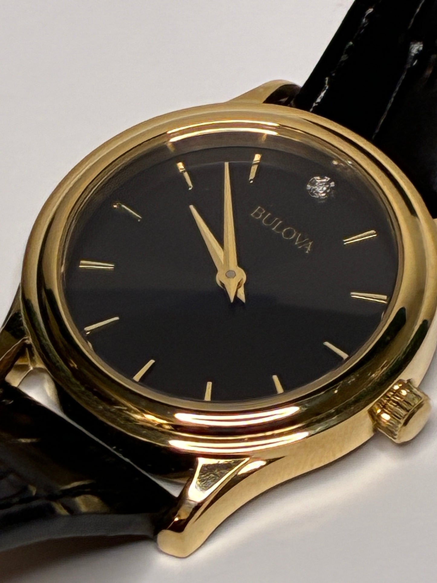 Bulova Diamond Accent Corporate Collection Women's Watch New in Original Box Gold-Tone Sunray Dial Black Leather Straps