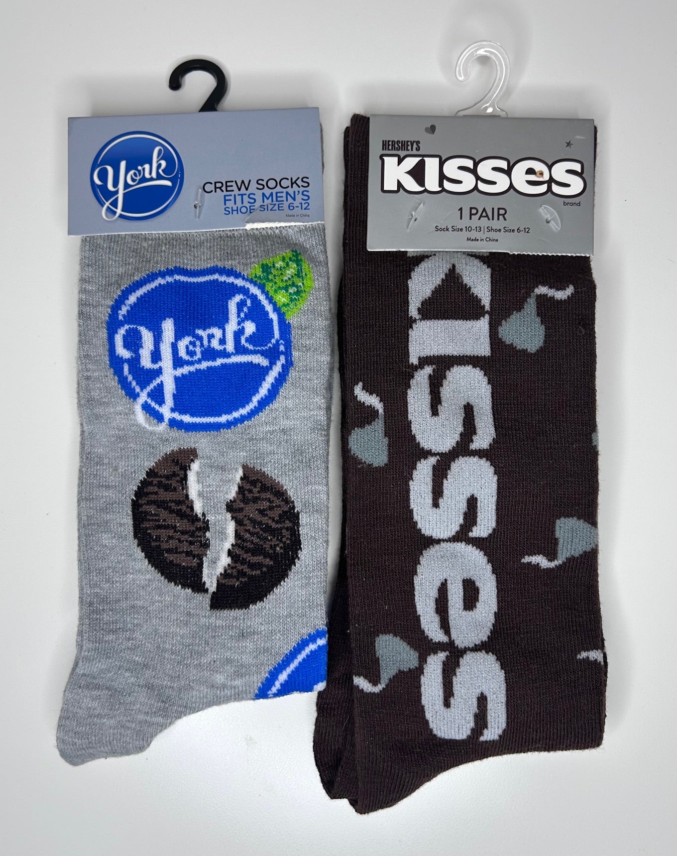 Men's Hershey's Chocolate Socks 2 Pairs Hershey's Kisses York Peppermint Patties Shoe Size 6-12 Fashion Novelty Crew Socks Hershey's Chocolate Snacks Brands Dress Socks