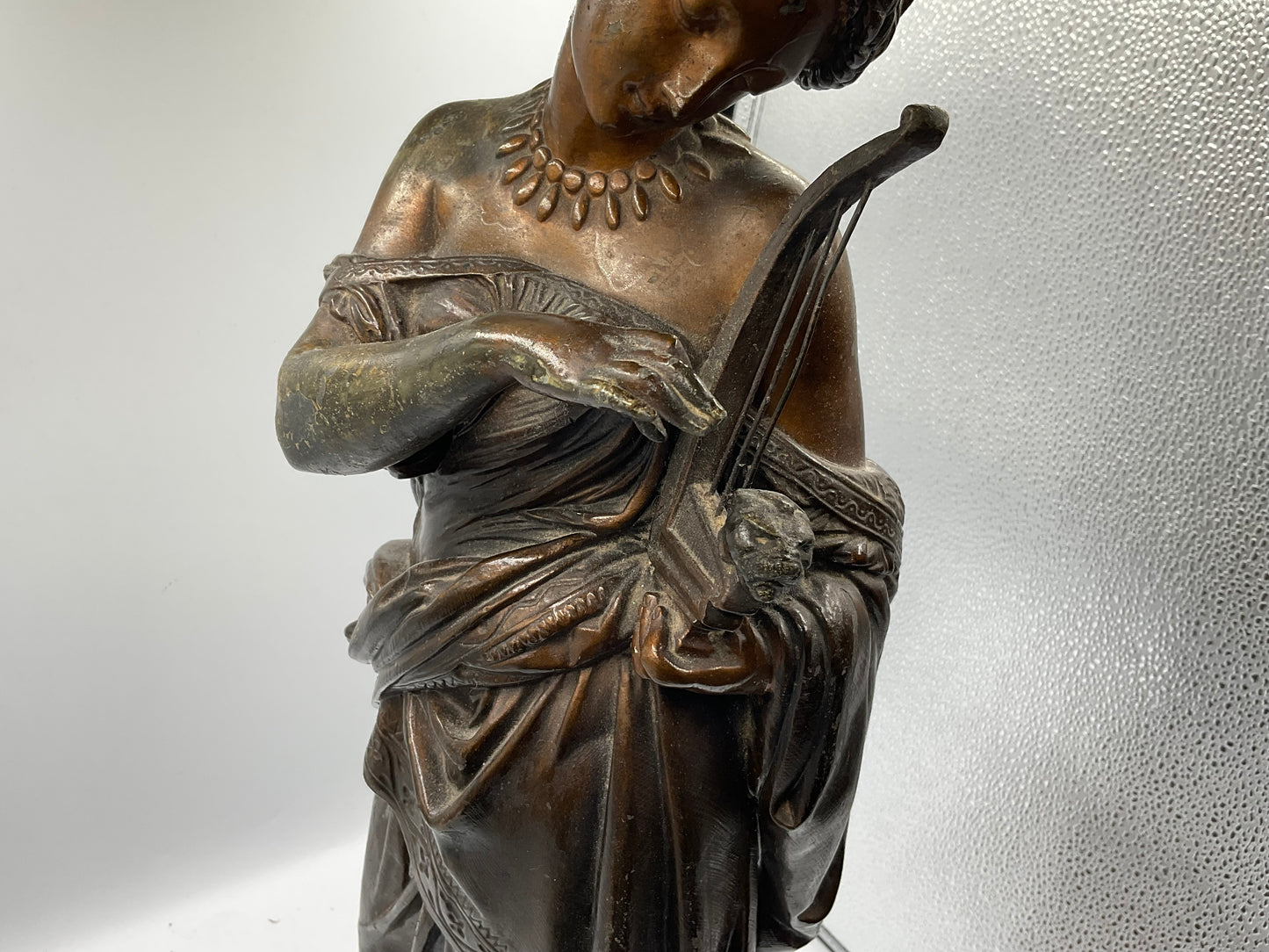 Painted Bronze Neoclassical Sculpture Lady with Lyre