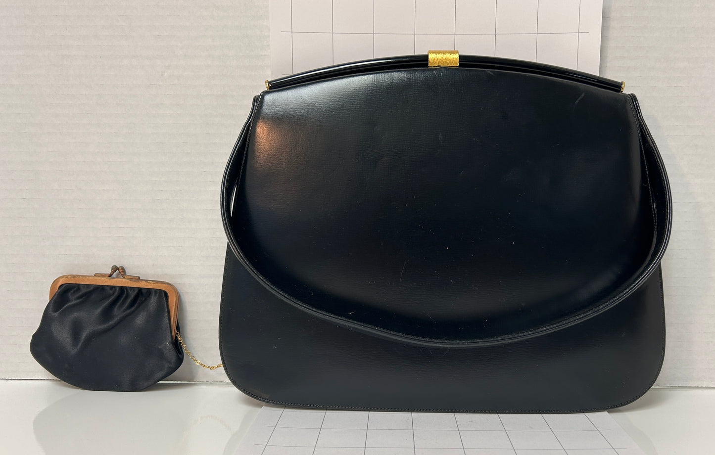 Dorian Vintage 1950s-60s Black Leather Purse Handbag Attached Coin Purse Gold-Tone Hardware