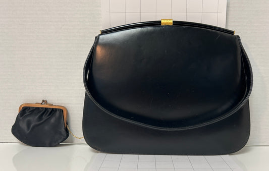 Dorian Vintage 1950s-60s Black Leather Purse Handbag Attached Coin Purse Gold-Tone Hardware