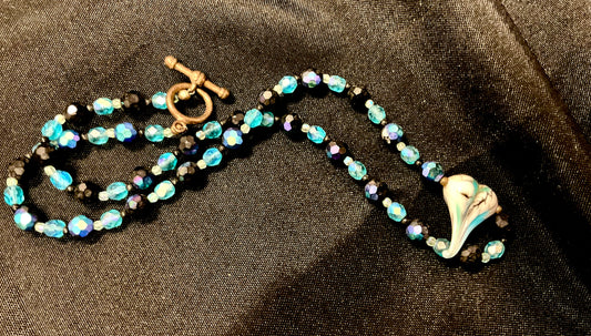 Light and Dark Blue Beaded Necklace with Elongated Heart Shaped Pendant Copper-Tone Bar and Toggle Clasp 22 Inches Length