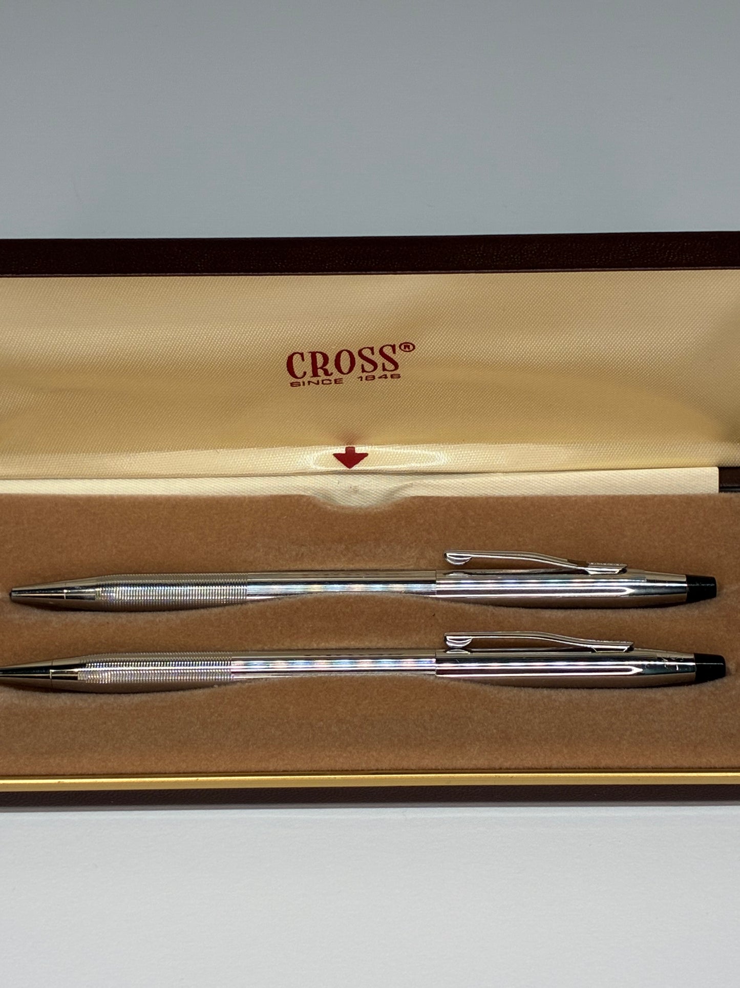 Cross Two-Piece Silvertone Ballpoint Pen Set Blue and Black Ink in Brown Leather Case with Goldtone Trim Lettering