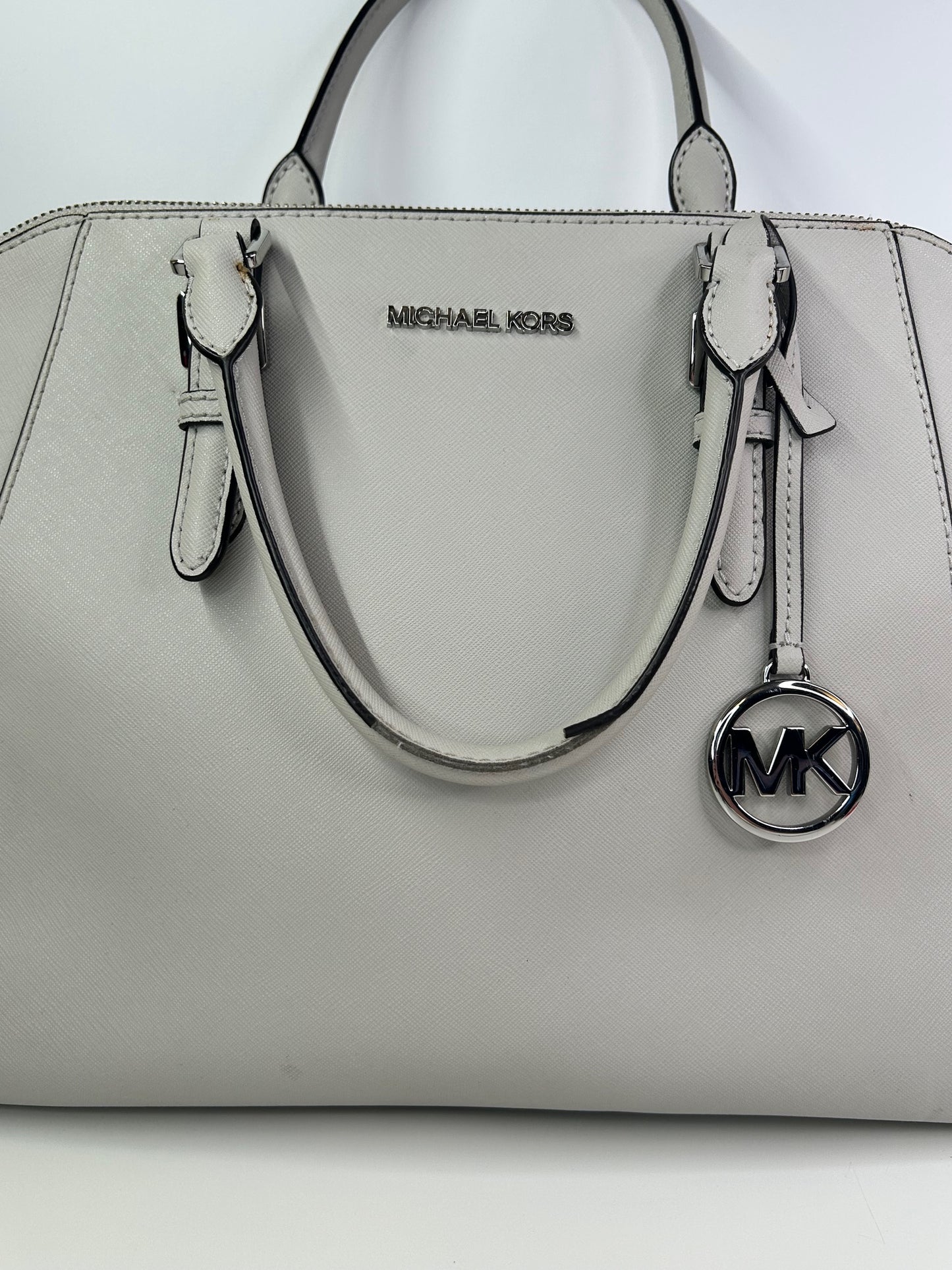 Michael Kors Ciara Large Light Stone Leather Top Zip Satchel Crossbody Purse Bag