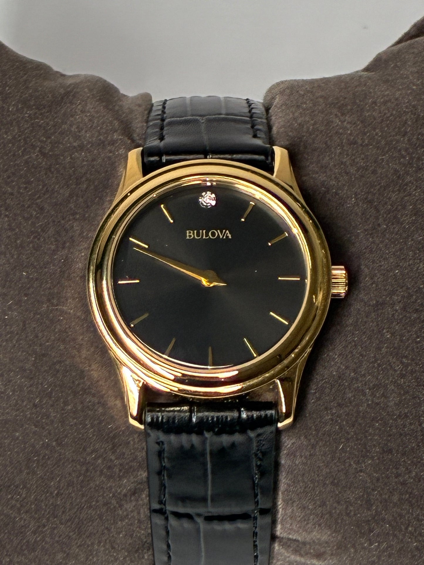 Bulova Diamond Accent Corporate Collection Women's Watch New in Original Box Gold-Tone Sunray Dial Black Leather Straps