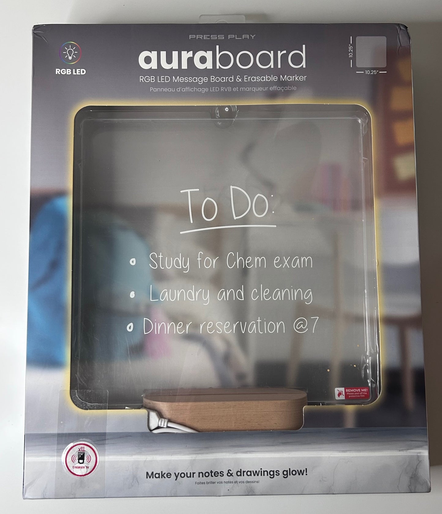 AuraBoard Color Changing LED Light Up Message Board and Erasable Marker 10.25in x 10.25in New in Box