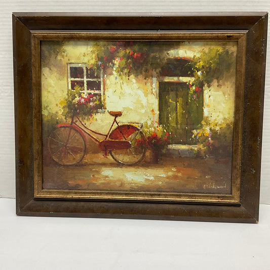 David Lakewood Painting Of Red Bicycle Parked Outside a Stone House