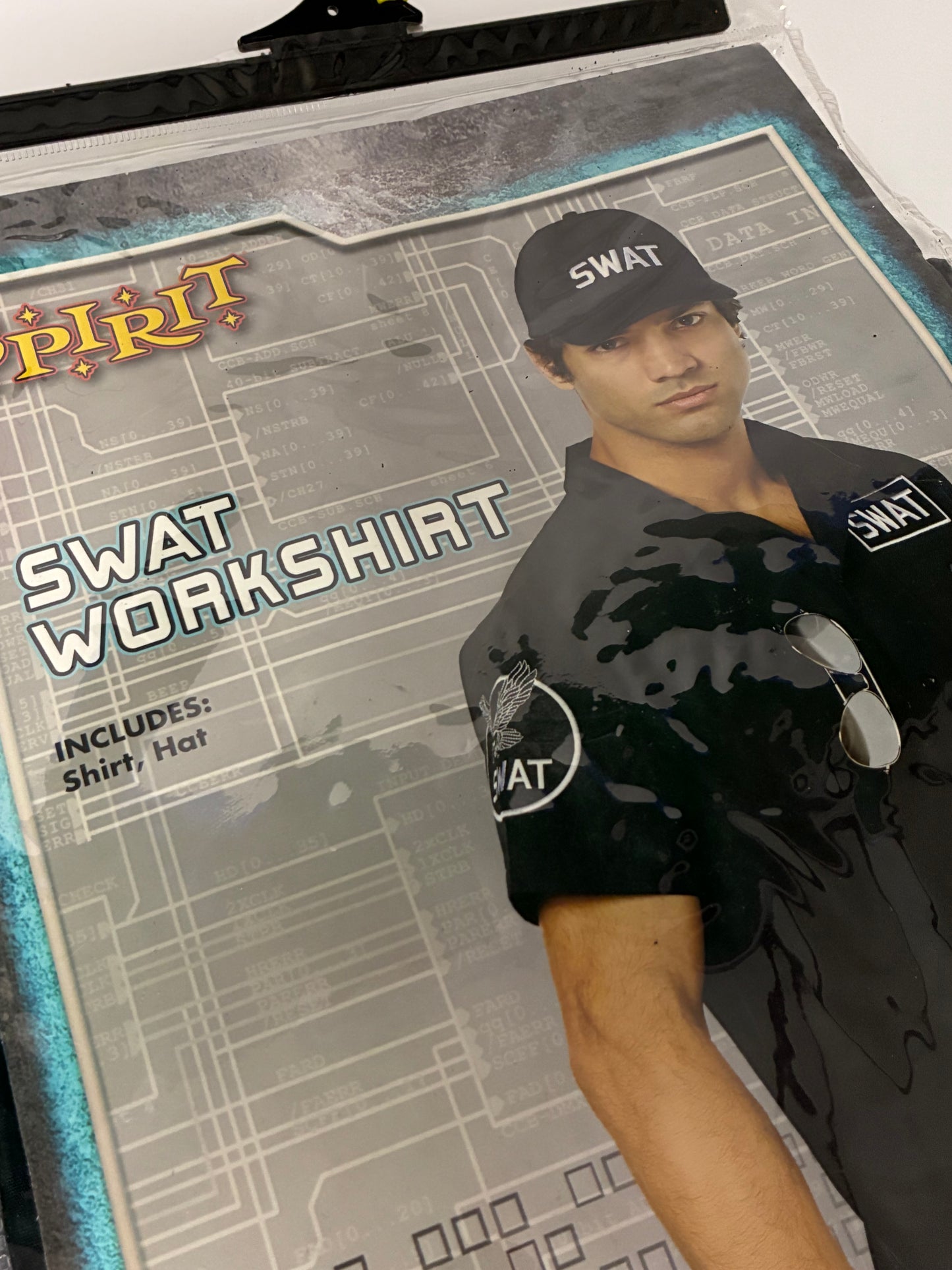 Spirit Halloween Men's SWAT Workshirt and Hat Costume Kit Size Adult Medium Brand New