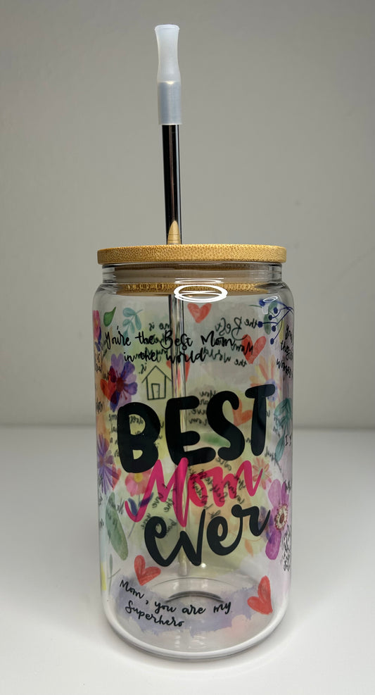 Best Mom Ever Covered Drinking Glass Jar with Straw