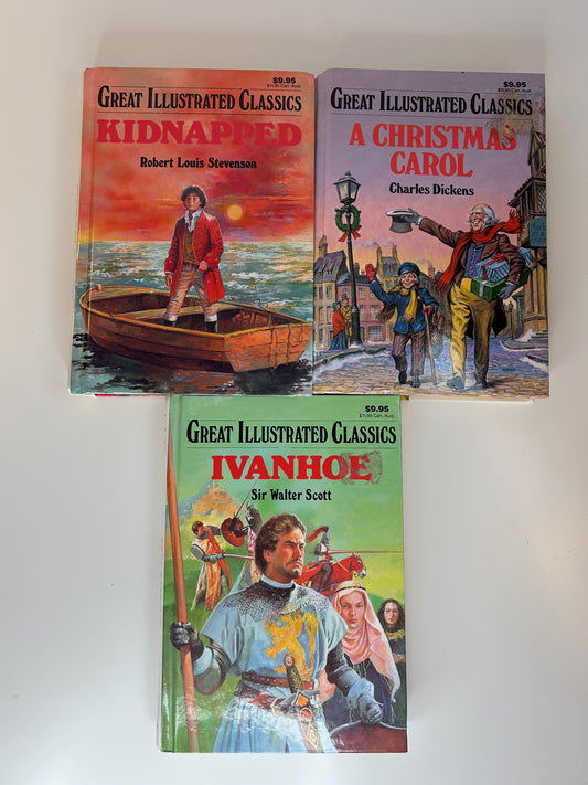 Great Illustrated Classics Hardcover Book Trio Kidnapped, A Christmas Carol, Ivanhoe