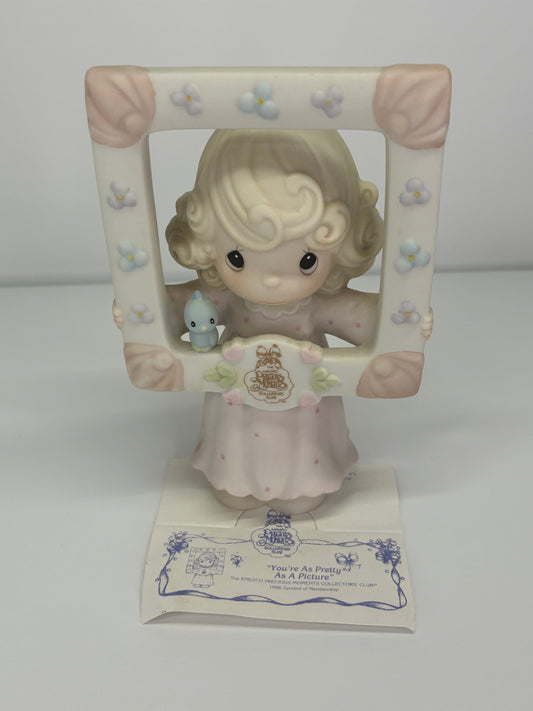 Precious Moments Vintage 1996 Symbol of Membership You're as Pretty as a Picture Hand Painted Porcelain Collectible Figurine Original Box