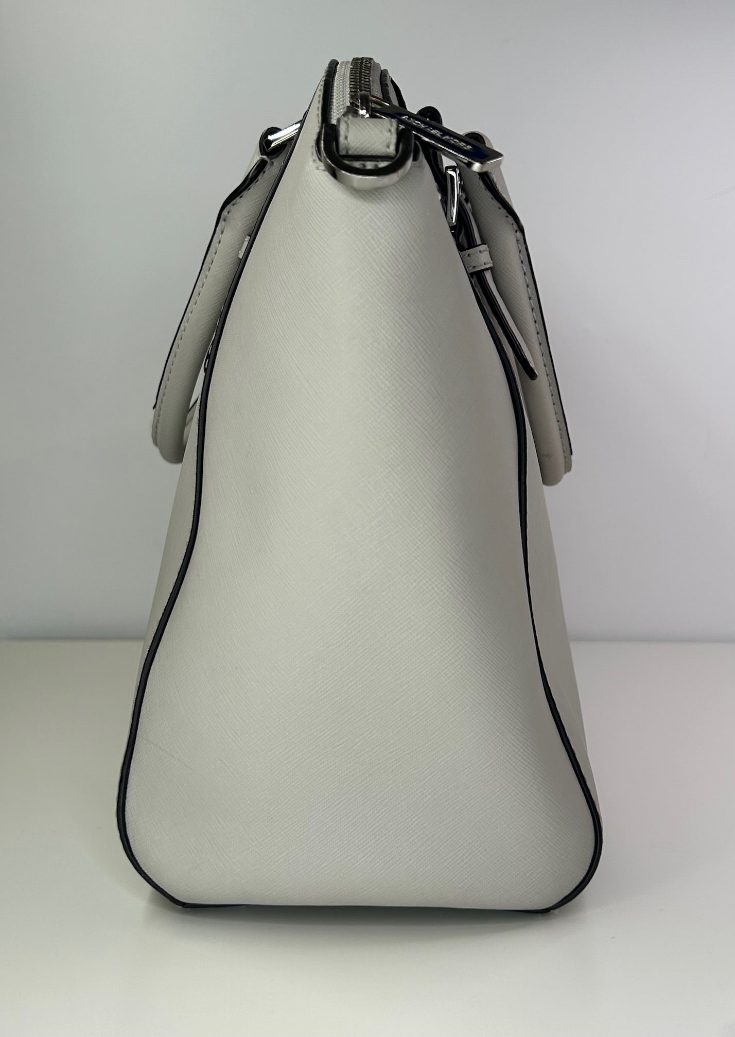 Michael Kors Ciara Large Light Stone Leather Top Zip Satchel Crossbody Purse Bag