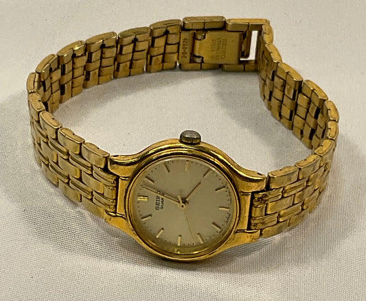 Seiko Gold Tone Round Case Vintage Quartz Stainless Steel Women's Watch New Battery