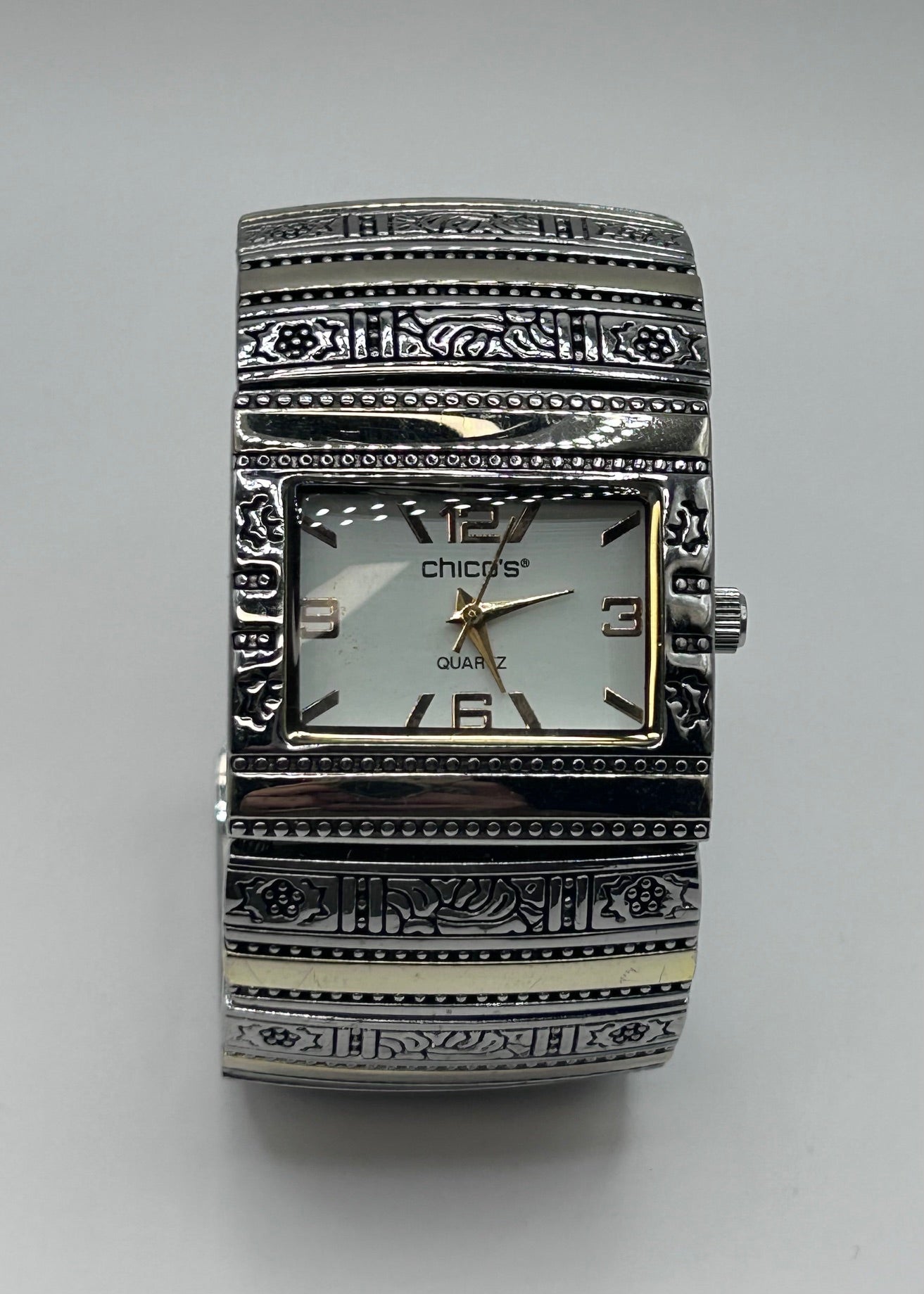 Chicos Women’s Watch Silvertone Cuff Bracelet Style Quartz Japan Movement