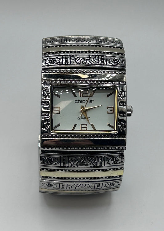 Chicos Women’s Watch Silvertone Cuff Bracelet Style Quartz Japan Movement