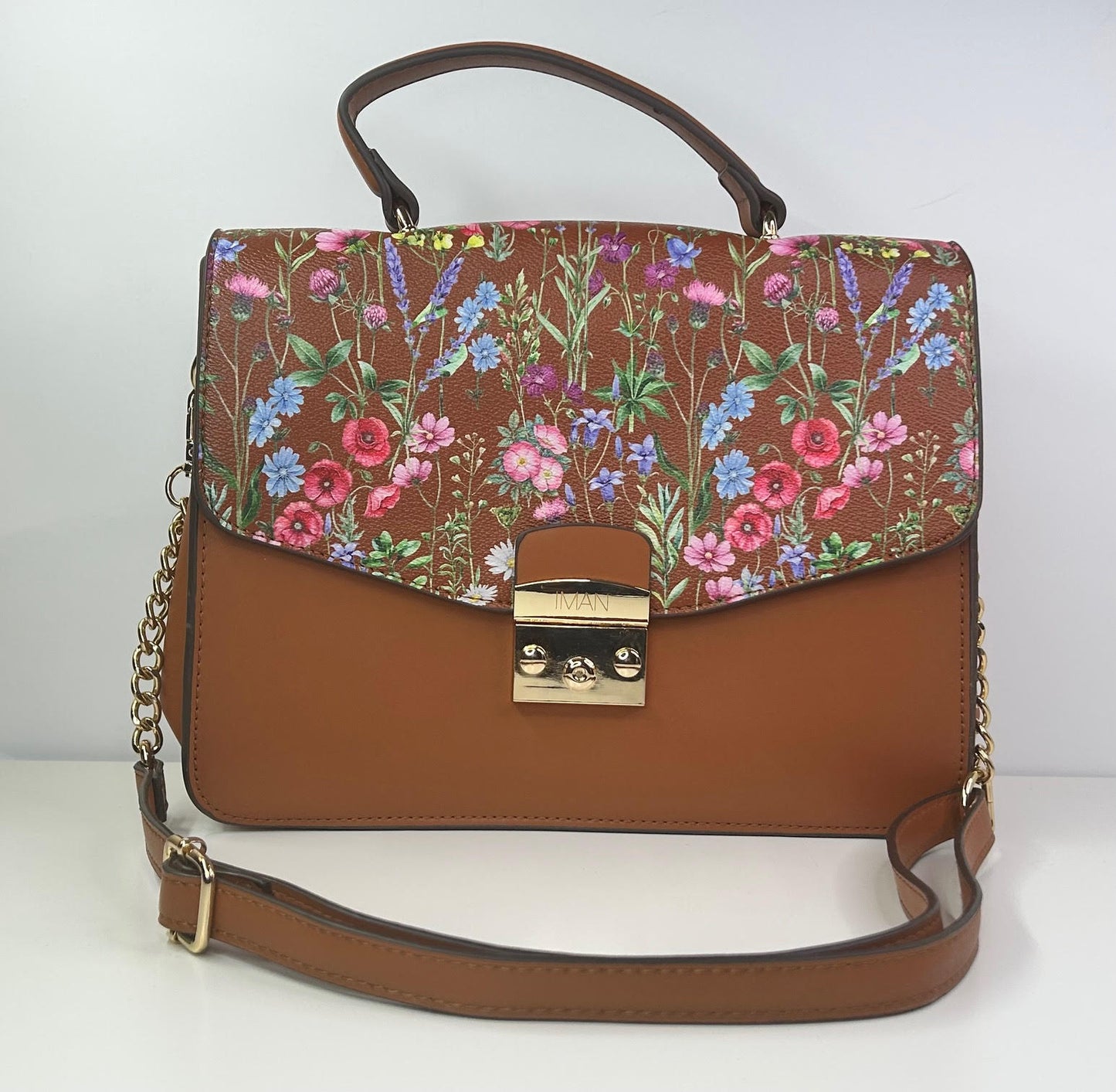 IMAN Women's Global Chic Caramel Brown and Floral Shoulder Handbag Interchangeable Top