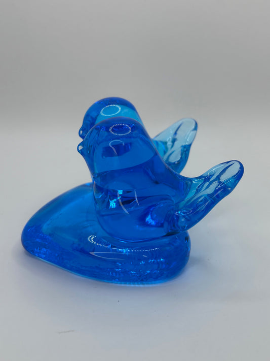 Leo Ward Vintage 1992 Artist Signed Double Bluebirds of Happiness Heart Shaped Hand Blown Glass Figurine