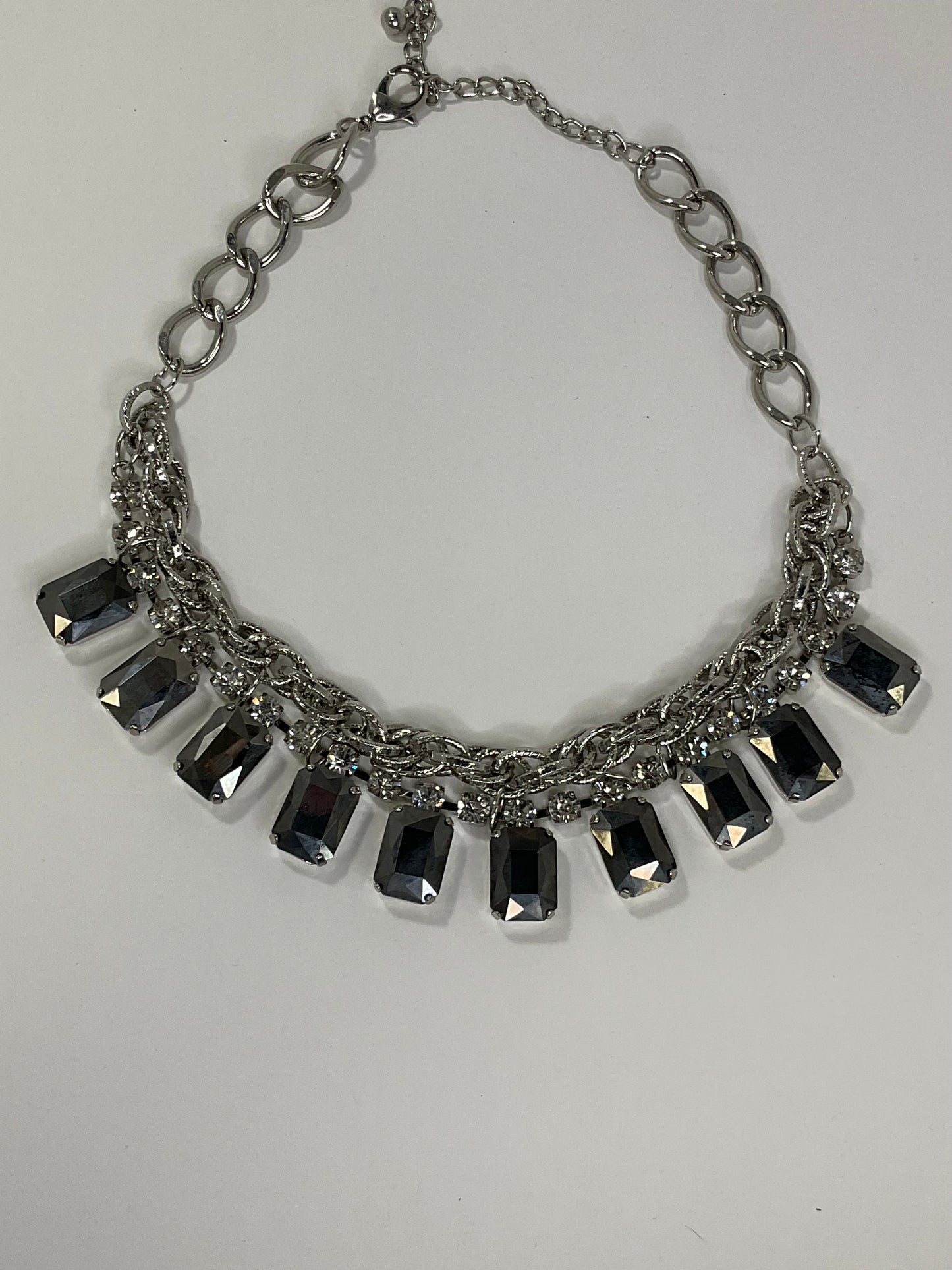 Silver Necklace with Emerald Cut Black Gems and Small White Gems Diamond Cut Pearl+Club crystal 12-blue