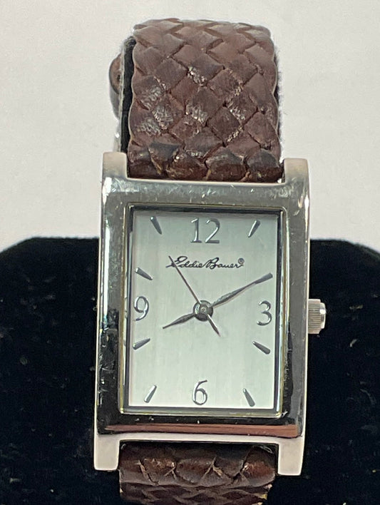 Eddie Bauer Quartz Silvertone Women's Watch Braided Brown Leather Band Working New Battery