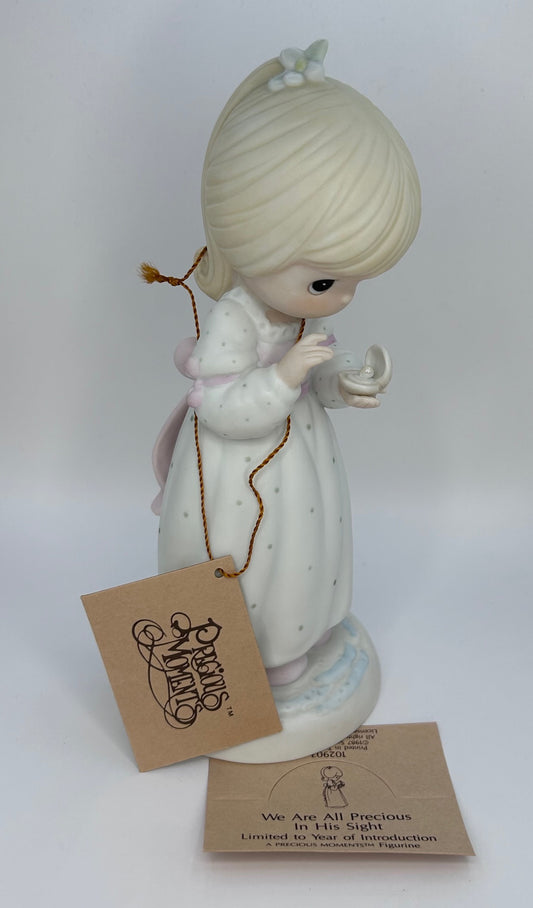 Precious Moments Vintage 1987 We Are All Precious in His Sight Hand Painted Porcelain Collectible Figurine Original Box Mint