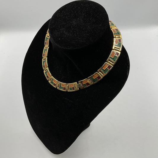 Goldtone Earthtone Square Charm Band Style Flat Lay Necklace