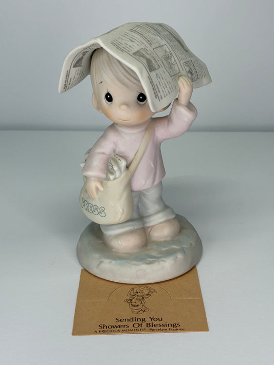 Precious Moments Vintage 1988 Sending You Showers of Blessings Hand Painted Porcelain Collectible Figurine Orig Box Mint