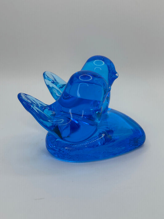 Leo Ward Vintage 1992 Artist Signed Double Bluebirds of Happiness Heart Shaped Hand Blown Glass Figurine