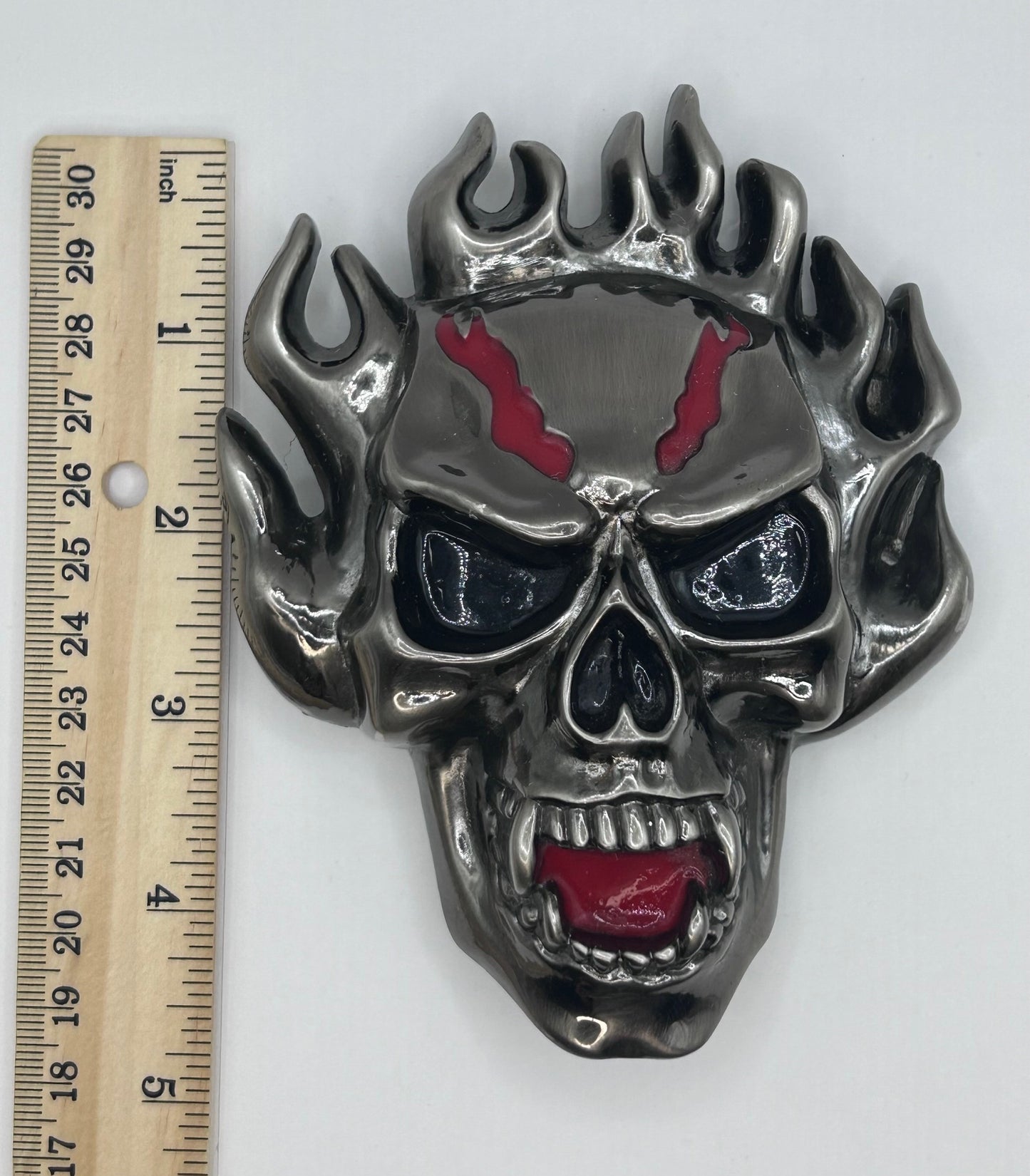 Flaming Skull Belt Buckle with Secret Compartment Red and Gun Metal Finished Halloween Party Costume