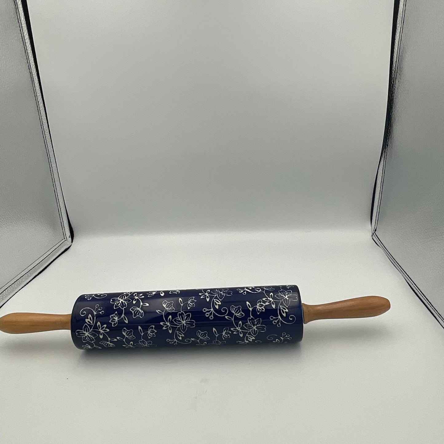 Temp-tations Floral Lace Blue Ceramic Rolling Pin With Wooden Handles With stand