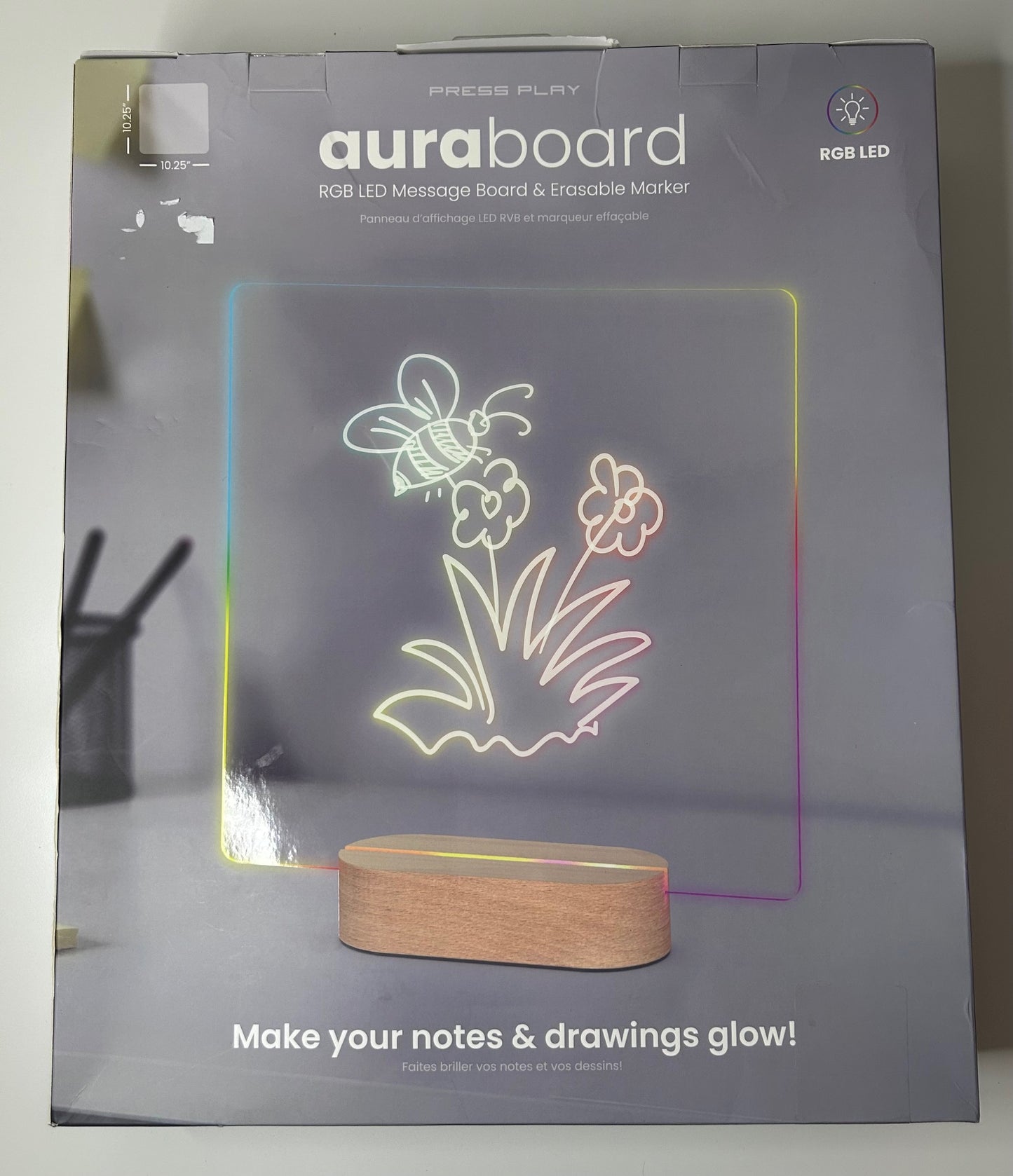AuraBoard Color Changing LED Light Up Message Board and Erasable Marker 10.25in x 10.25in New in Box