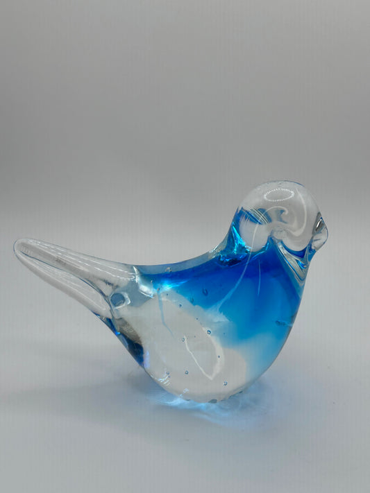 Blue and Clear Murano Style Hand-Blown Glass Bird Artistic Figurine