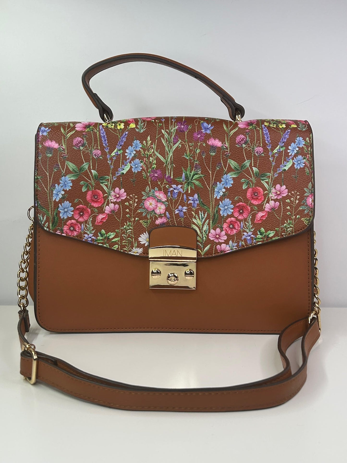 IMAN Women's Global Chic Caramel Brown and Floral Shoulder Handbag Interchangeable Top