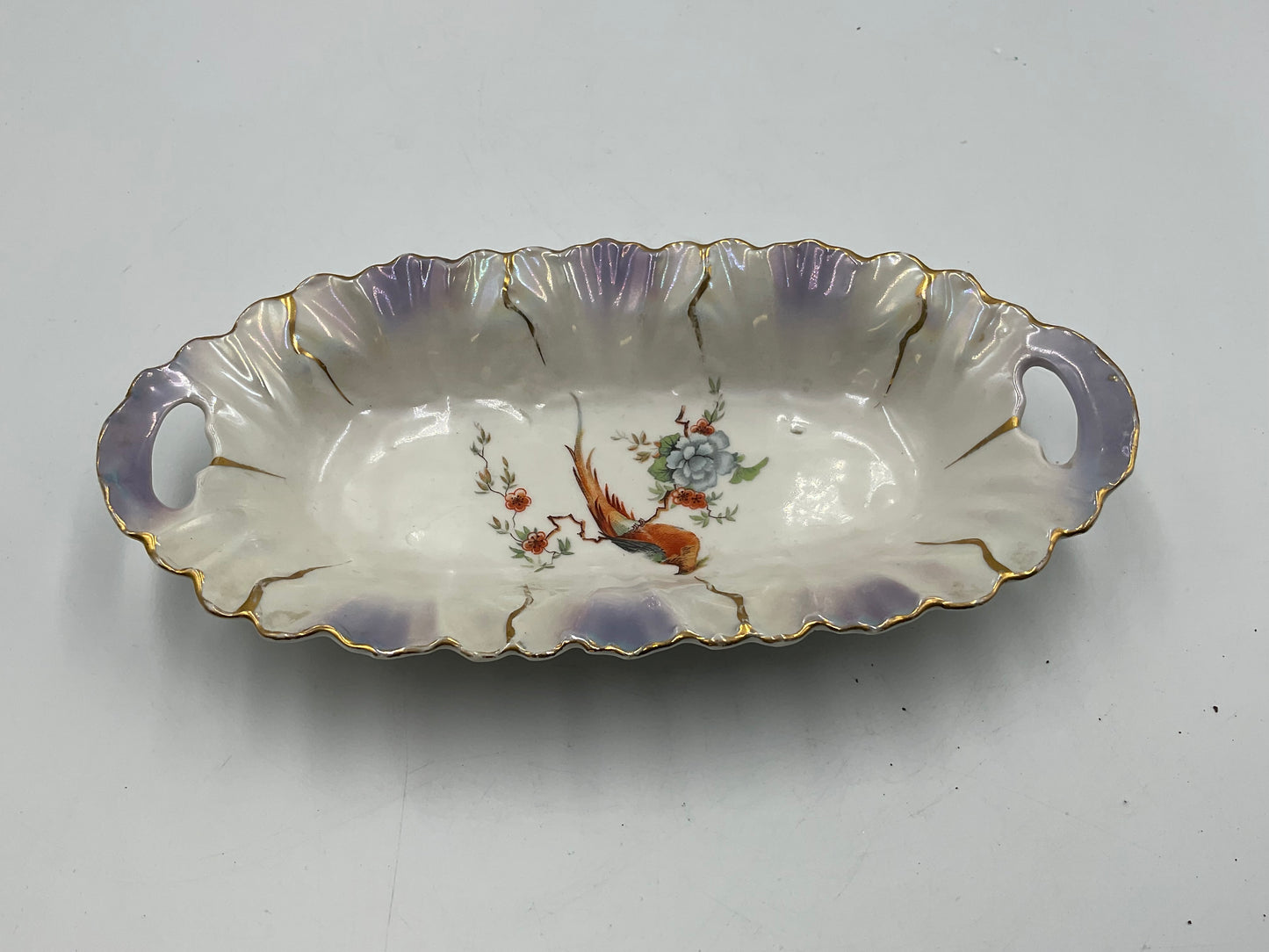 German Vintage Lusterware Bird Scene Designed Celery Dish
