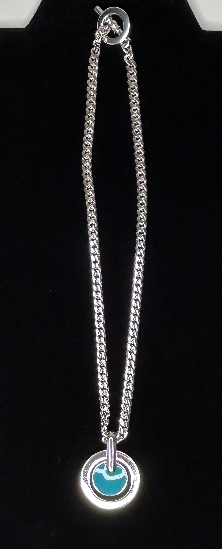 Teal and Silver Tone Circular Pendant 16" Necklace