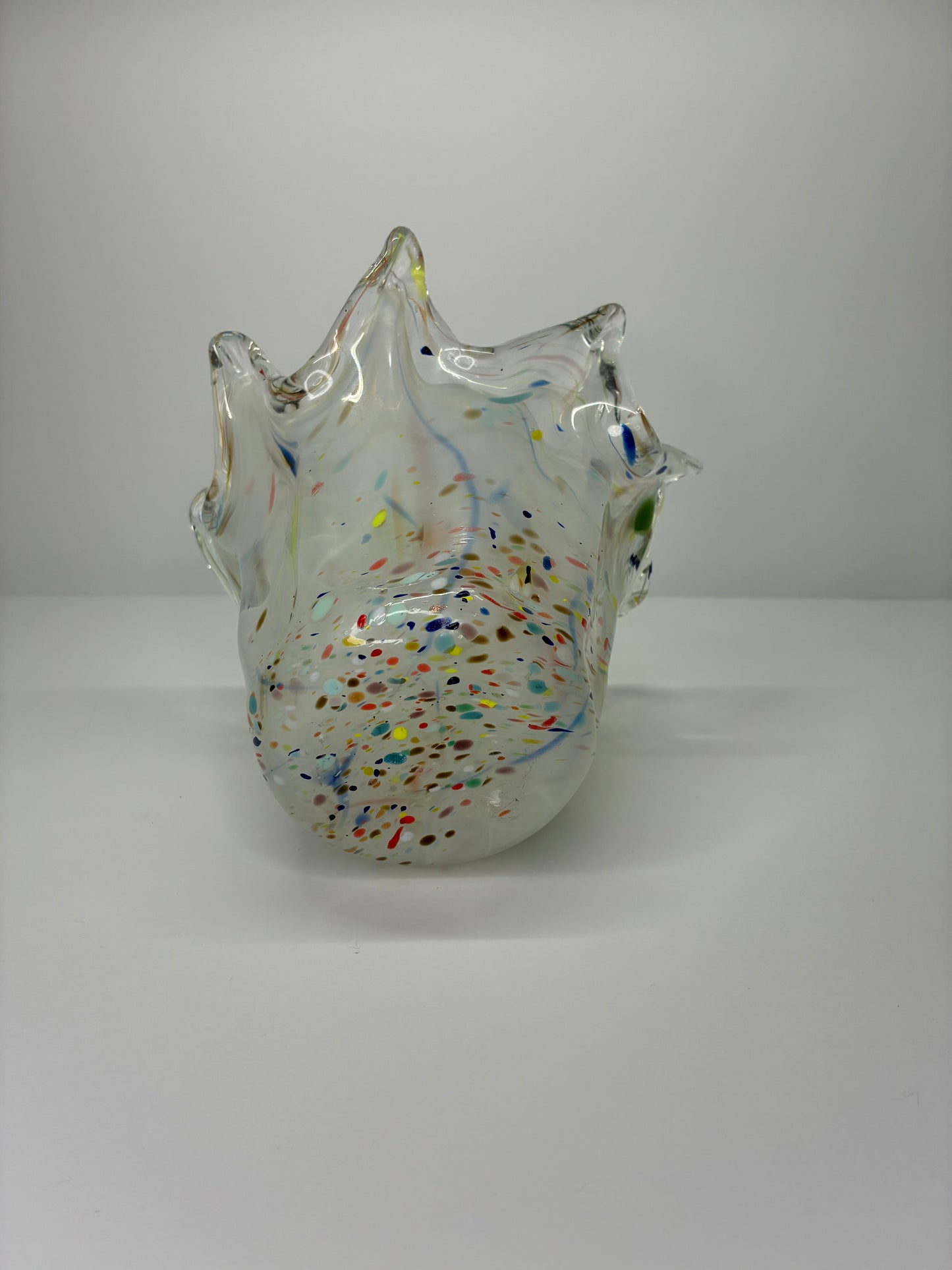 Murano Glass Authentic Italian Handmade Rainbow Speckled Crown Shaped Vase