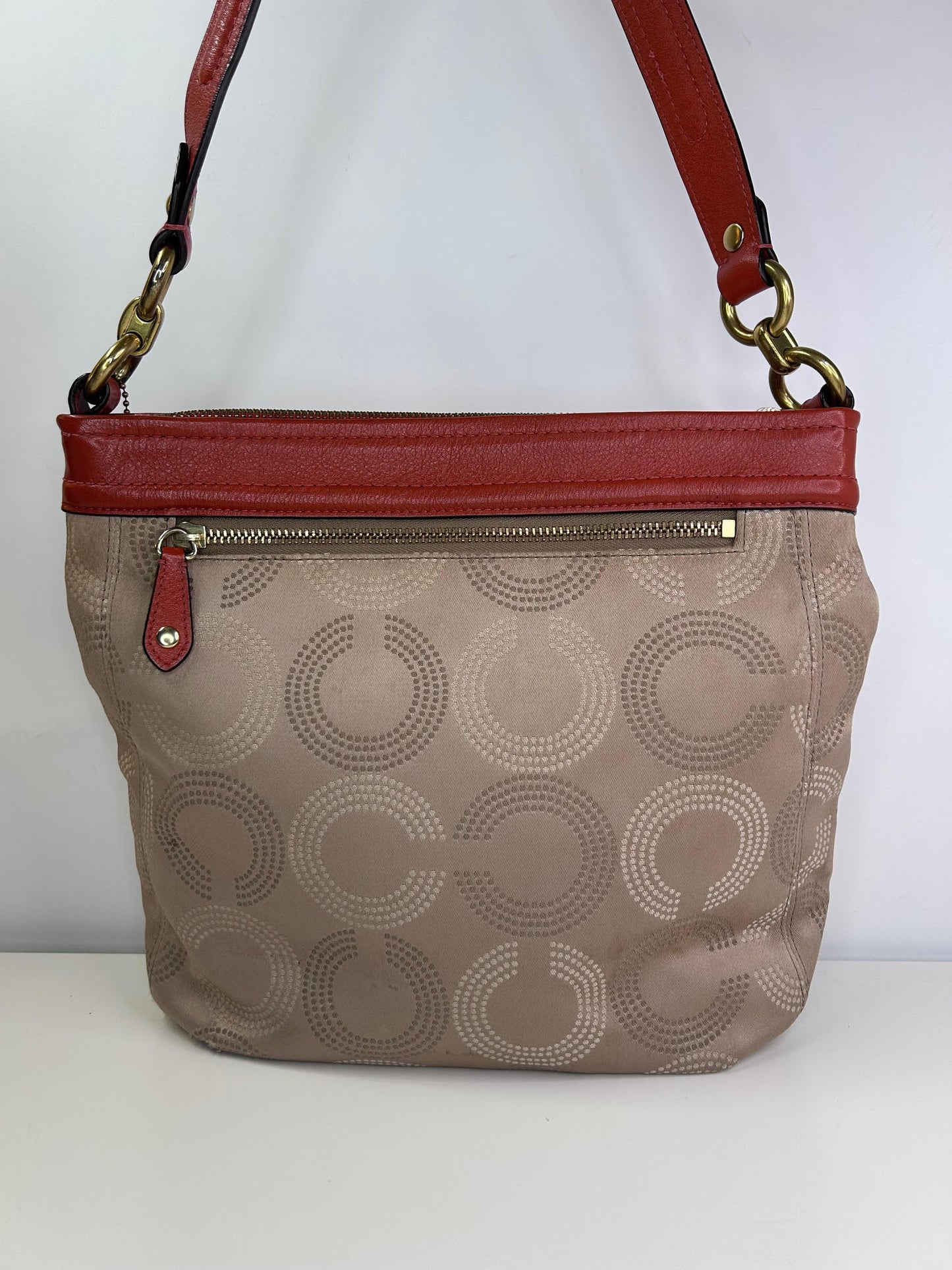 Coach Ashley Op Art Dotted Shoulder Bag Tan with Orange/Salmon Leather Accent