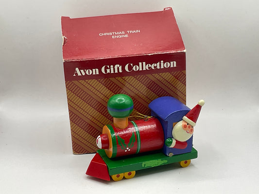 Avon Gift Collection Vintage Wooden Santa Claus Train Engine Christmas Holiday Seasonal Ornament in Original Box