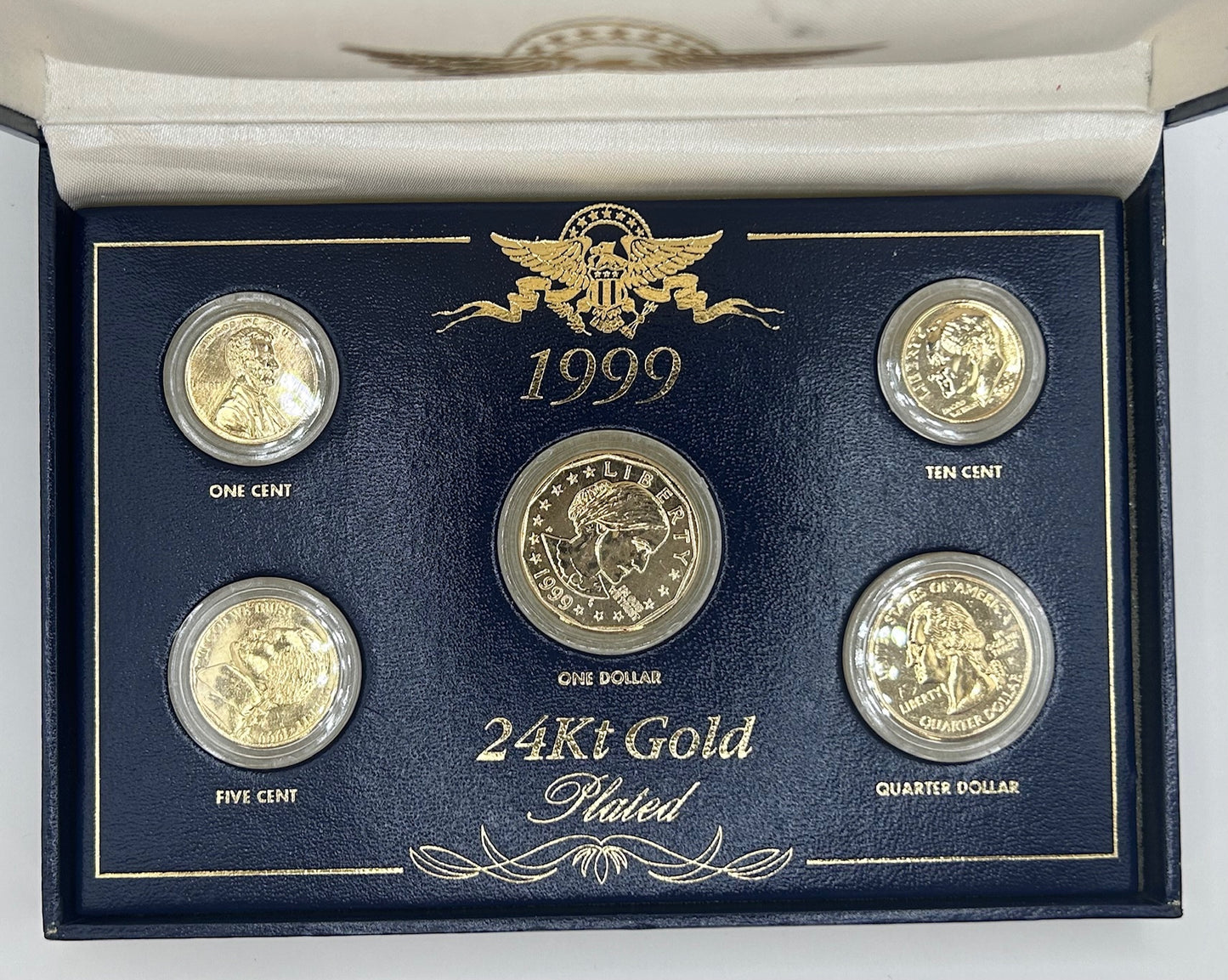 1999 24kt Gold Plated 5 Coin Uncirculated US Mint Proof Set Commemorative Gallery with Display Box