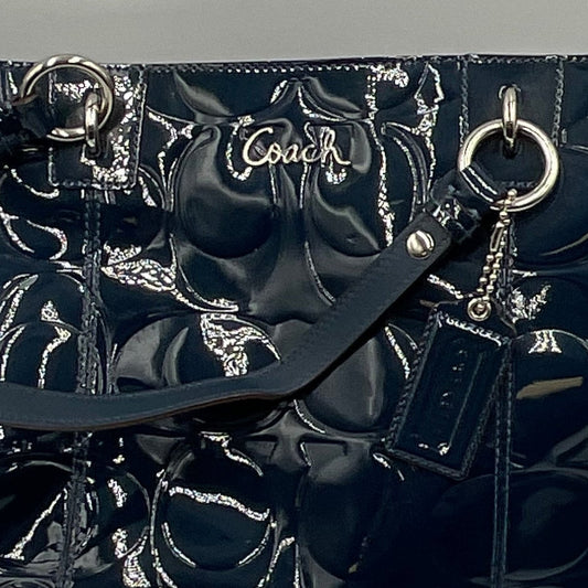 Coach Dark Teal Patent Leather Tote Silvertone Hardware Accents