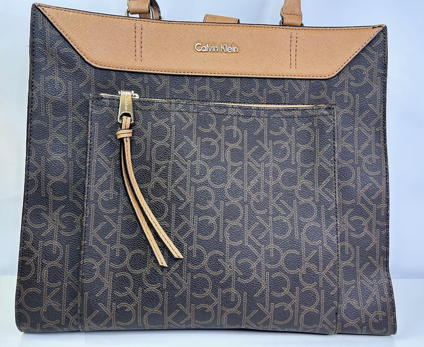 Calvin Klein CK Monogram Brown Tote Bag with Shoulder Strap Excellent Condition